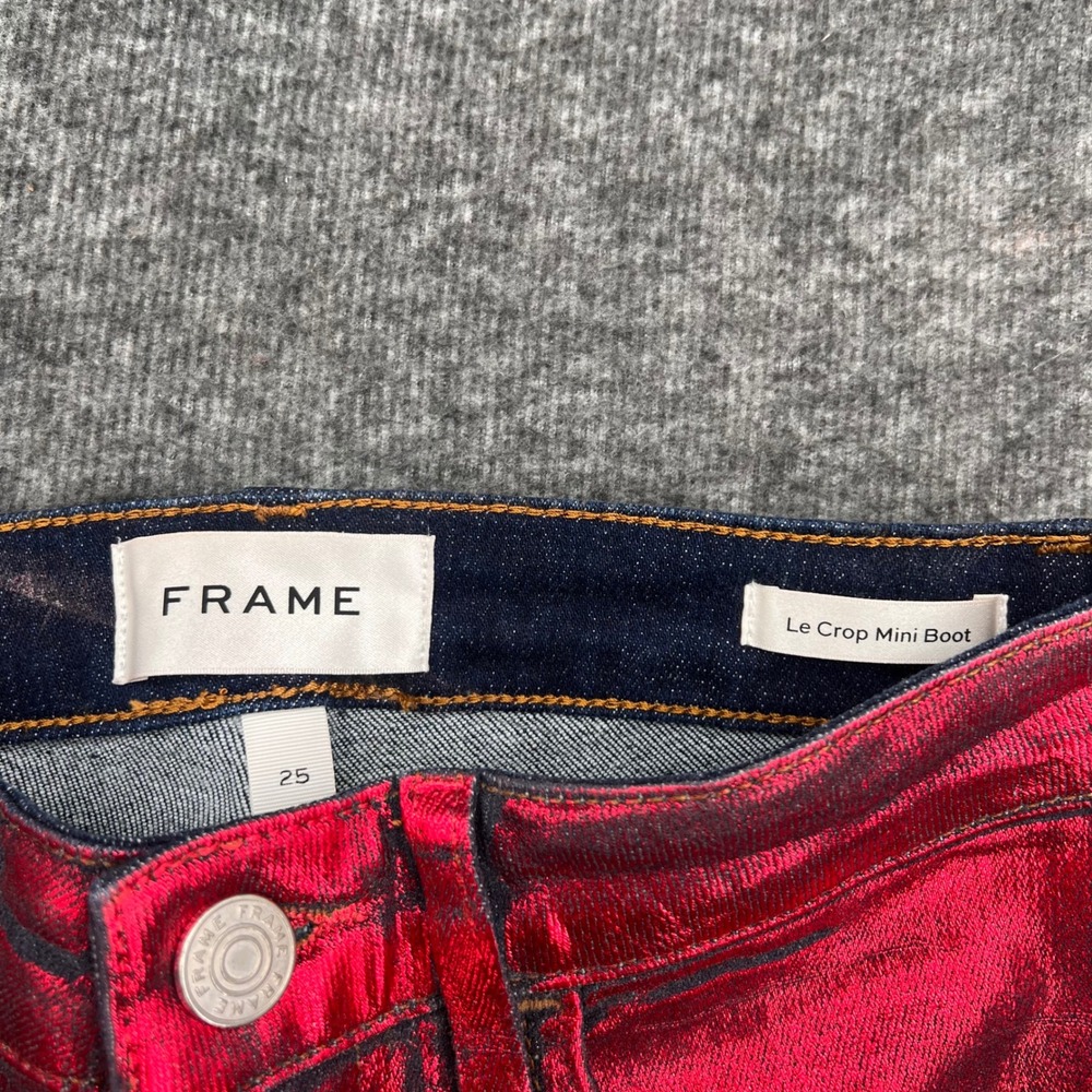 FRAME Le Crop Mini Boot Jeans Red Chrome Metallic Foil Coated Size 25 Bootleg - Picture 5 of 16